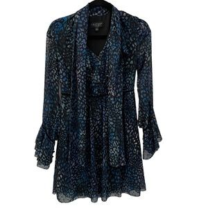 LAUNDRY By Shelli Segal Black/Blue Animal Print Long Sleeve V Neck Dress Size 0
